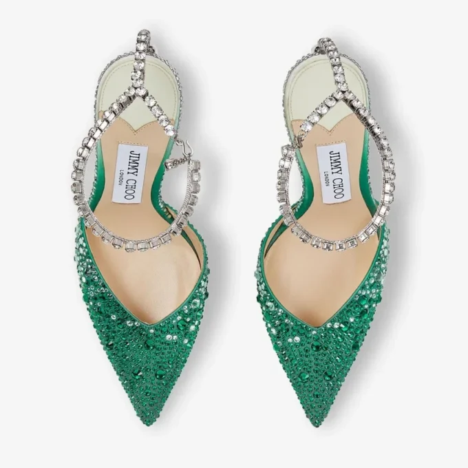 Saeda 100 Emerald Satin Pumps with Crystals