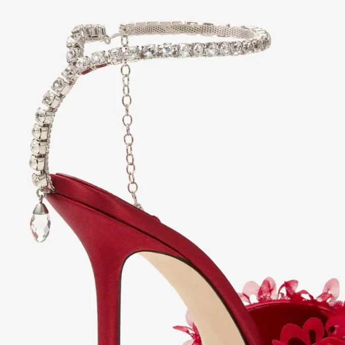 Saeda 100 Ruby Red Mesh Pumps with Petal Embroidery