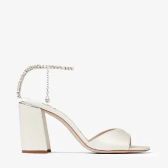 Saeda Sandal Block Heel 85 Ivory Satin Block Heel Sandals with Crystal Chain