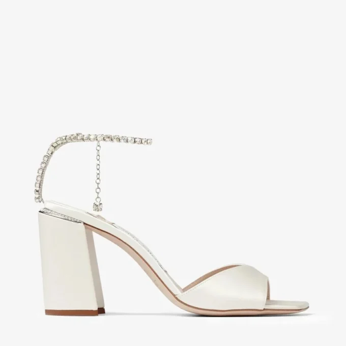 Saeda Sandal Block Heel 85 Ivory Satin Block Heel Sandals with Crystal Chain