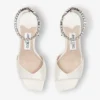 Saeda Sandal Block Heel 85 Ivory Satin Block Heel Sandals with Crystal Chain