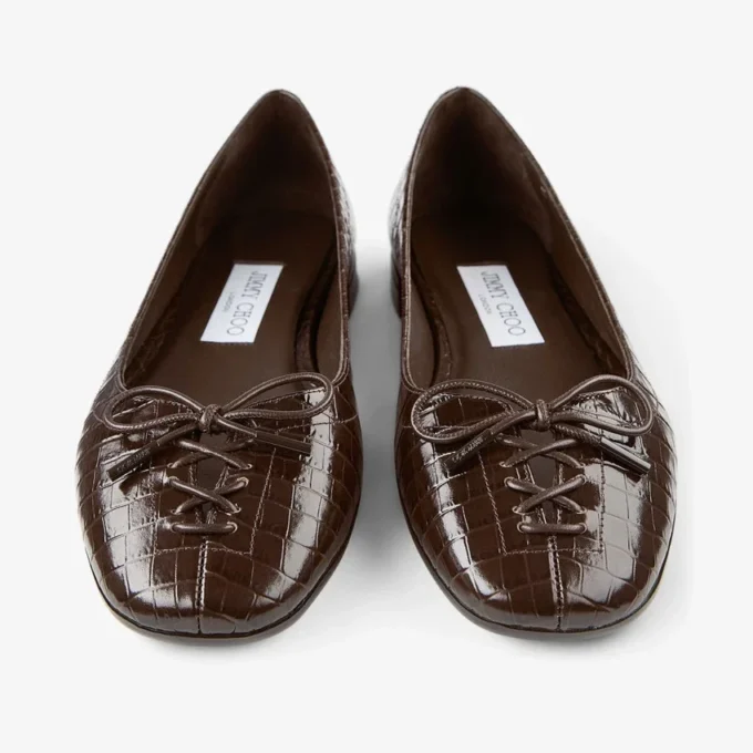 Scarlett Ballerina Chocolate Croc Embossed Leather Ballerina Flats