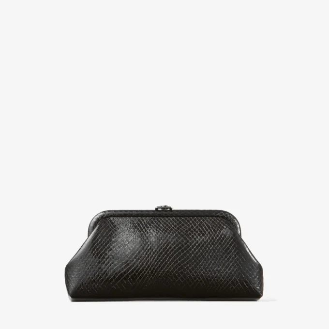 Skylar Black Shiny Snake Printed Leather Clutch with Square Jc Clasp