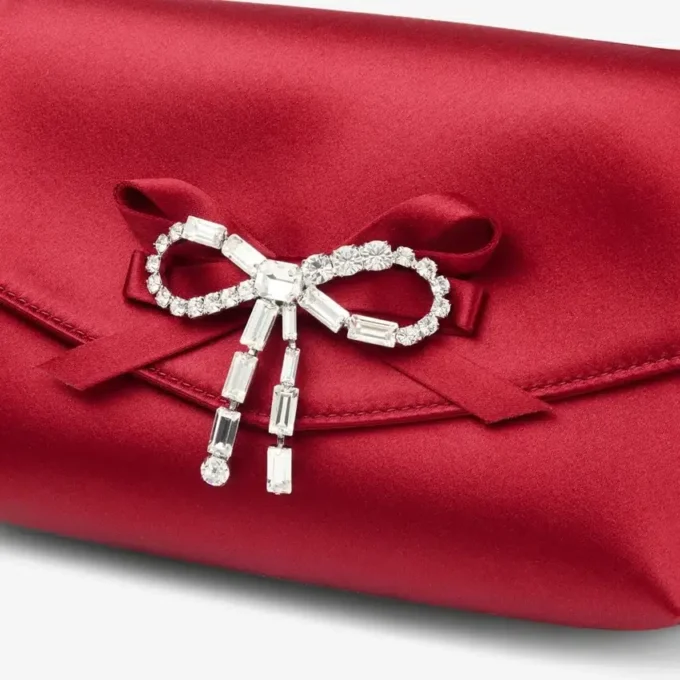 Soft Bow Mini Bag Ruby Red Satin Mini Bag with Crystal Bow