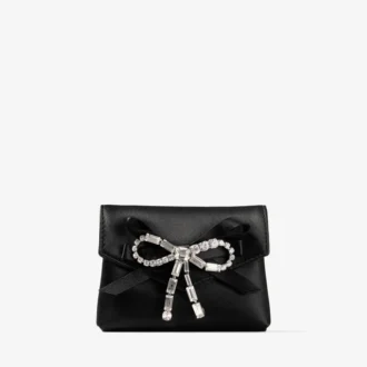 Soft Card Holder with Chain Black Satin Cardholder with Crystal Bow