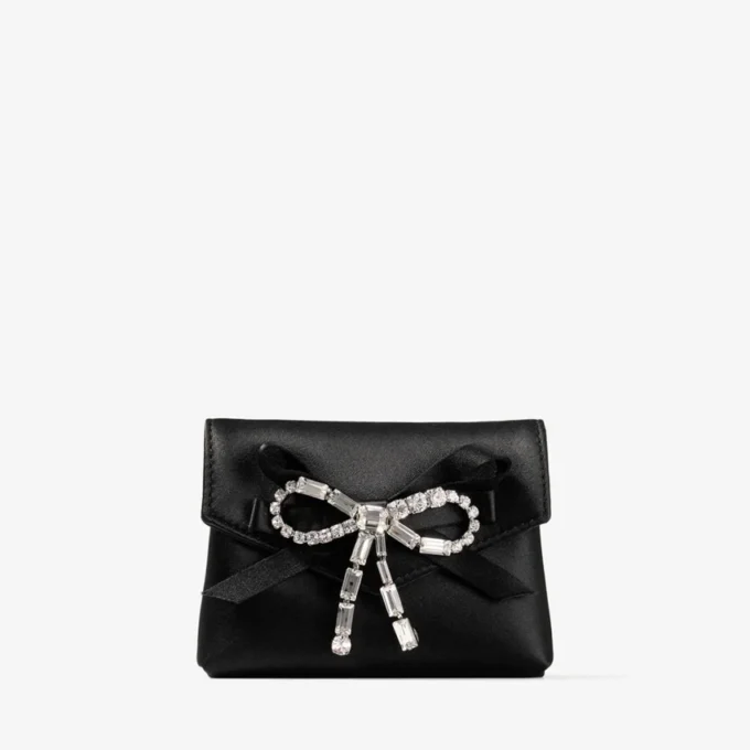 Soft Card Holder with Chain Black Satin Cardholder with Crystal Bow