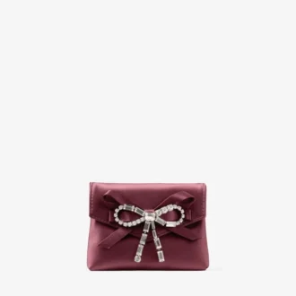 Soft Card Holder with Chain Deep Merlot Satin Cardholder with Crystal Bow