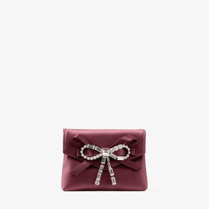 Soft Card Holder with Chain Deep Merlot Satin Cardholder with Crystal Bow