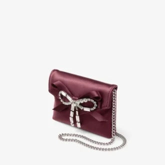 Soft Card Holder with Chain Deep Merlot Satin Cardholder with Crystal Bow