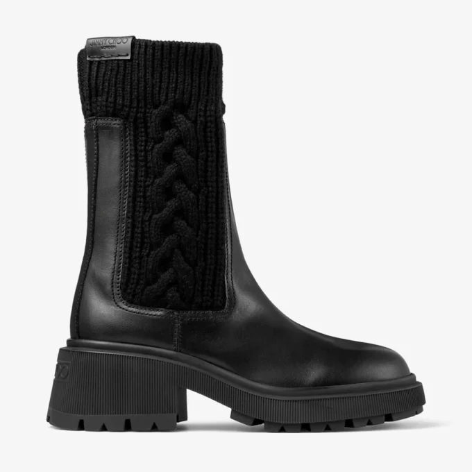 Tamia Flat Black Shiny Calf Leather Ankle Boots with Cable Knit