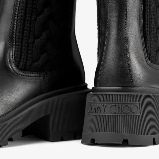 Tamia Flat Black Shiny Calf Leather Ankle Boots with Cable Knit