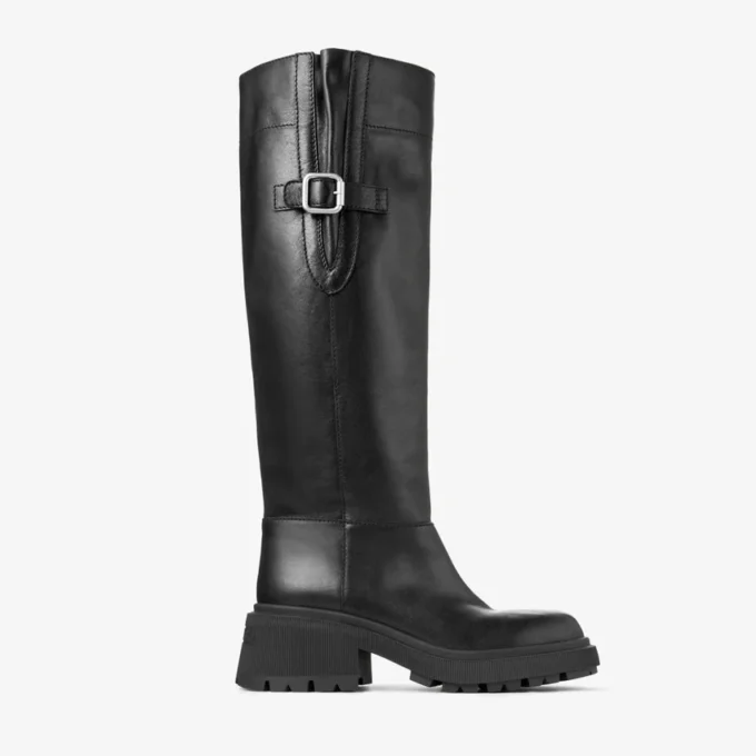 Tamsin Knee Boot Flat Black Shiny Calf Leather Knee High Boot