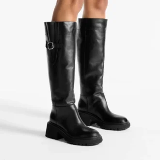 Tamsin Knee Boot Flat Black Shiny Calf Leather Knee High Boot