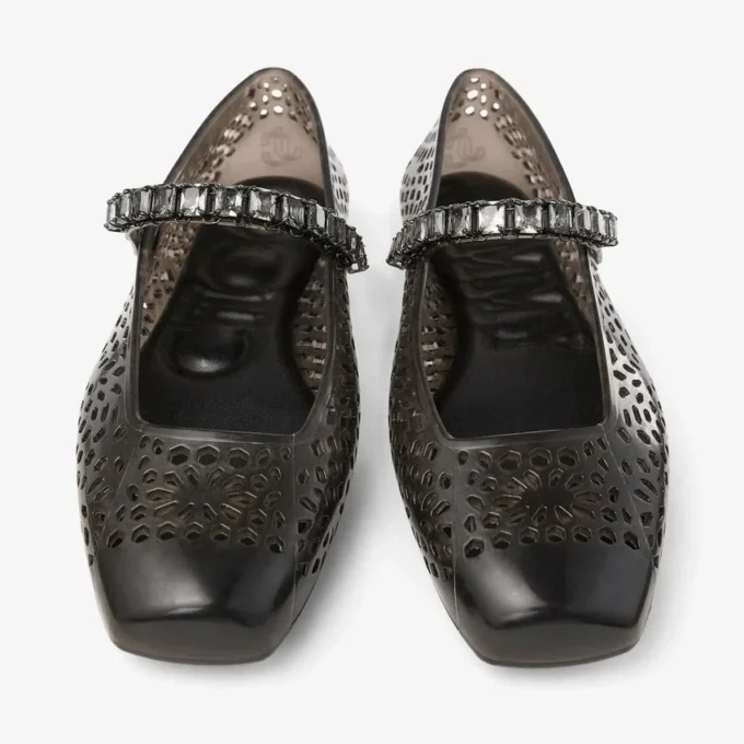 The Jelly Black Jelly Ballerina Flats with Crystal Embellishment