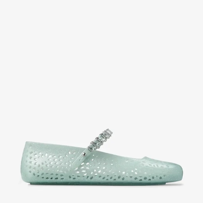 The Jelly Light Verde Jelly Ballerina Flats with Crystal Embellishment