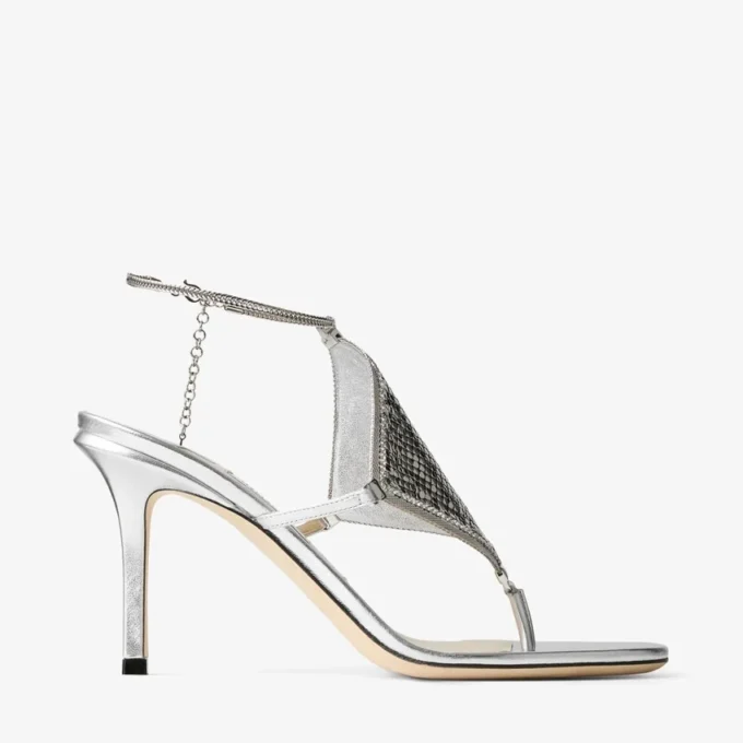 Thong Metallic Nappa Leather Sandal with Metal Mesh