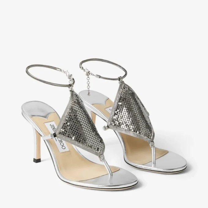 Thong Metallic Nappa Leather Sandal with Metal Mesh