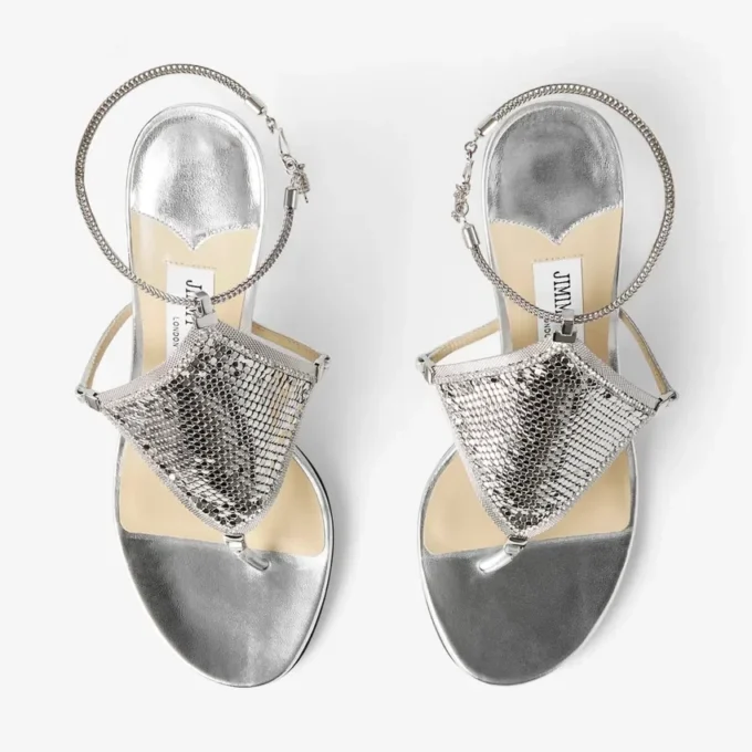 Thong Metallic Nappa Leather Sandal with Metal Mesh