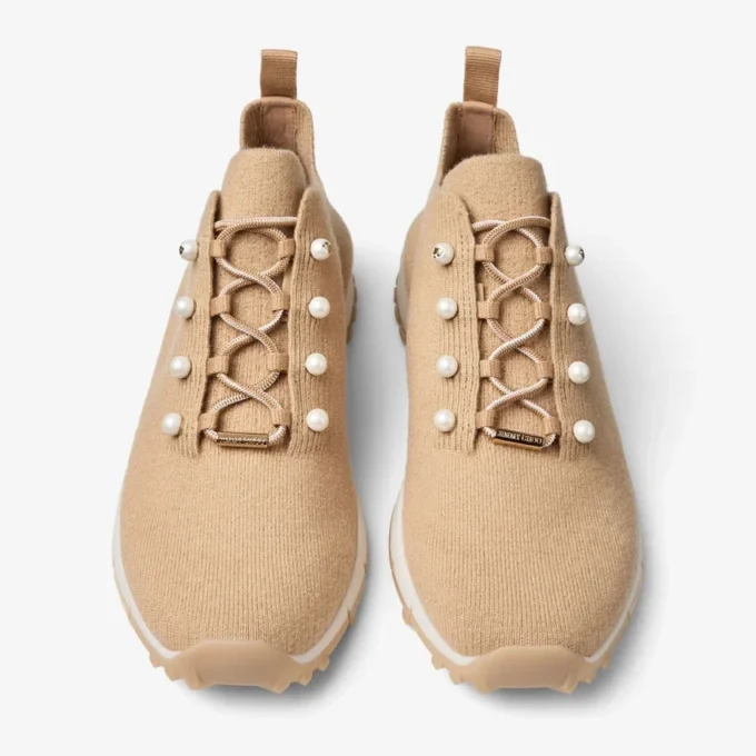 Veles Chai Cashmere Melange Knit Trainers with Pearl Buttons