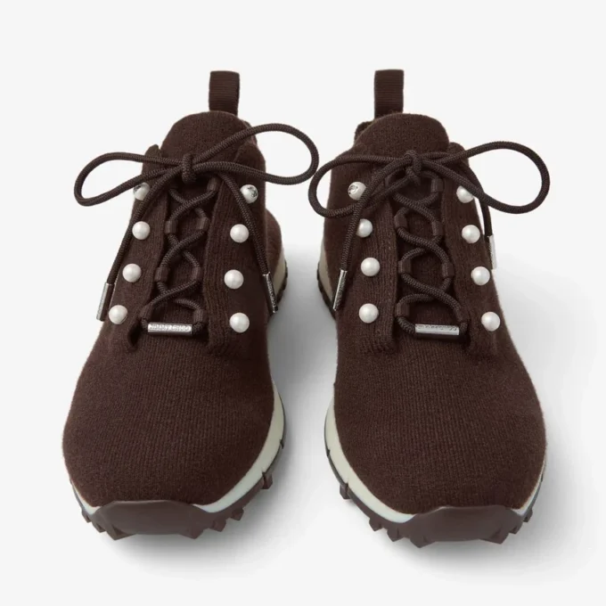 Veles Chocolate Cashmere Melange Knit Trainers with Pearl Buttons