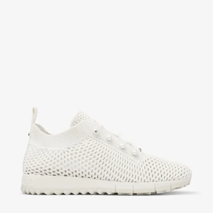 Veles Latte Crochet Knit Low-Top Trainers with Pearls