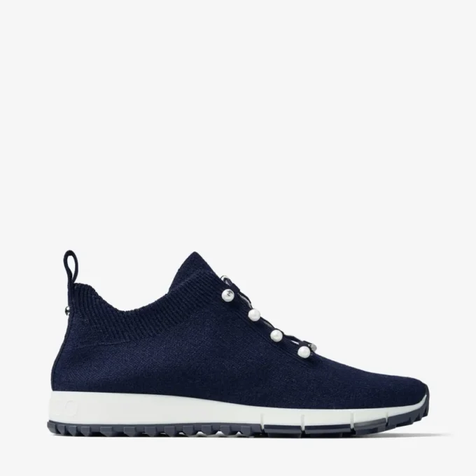 Veles Marine Cashmere Melange Knit Trainers with Pearl Buttons