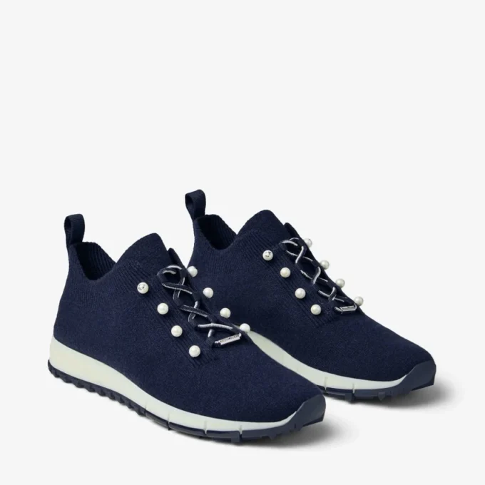 Veles Marine Cashmere Melange Knit Trainers with Pearl Buttons
