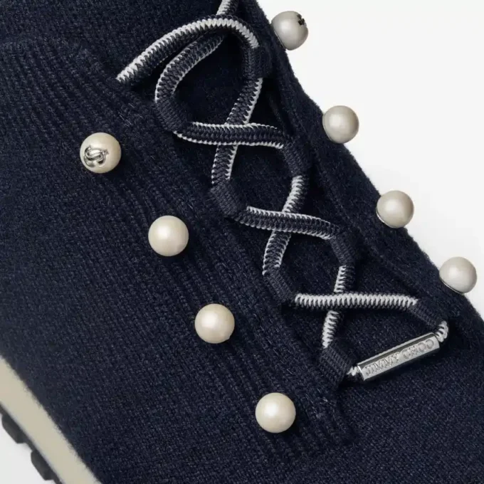 Veles Marine Cashmere Melange Knit Trainers with Pearl Buttons