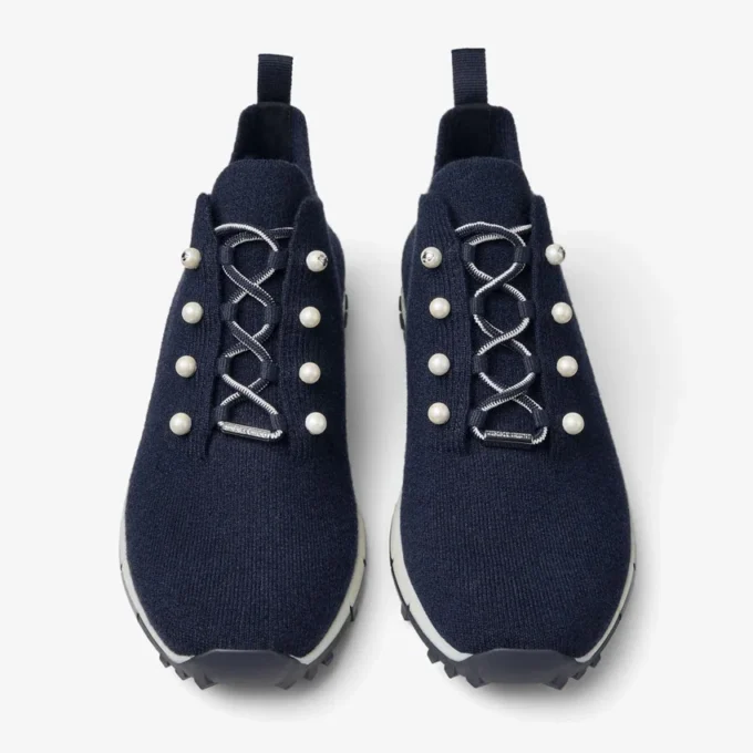 Veles Marine Cashmere Melange Knit Trainers with Pearl Buttons