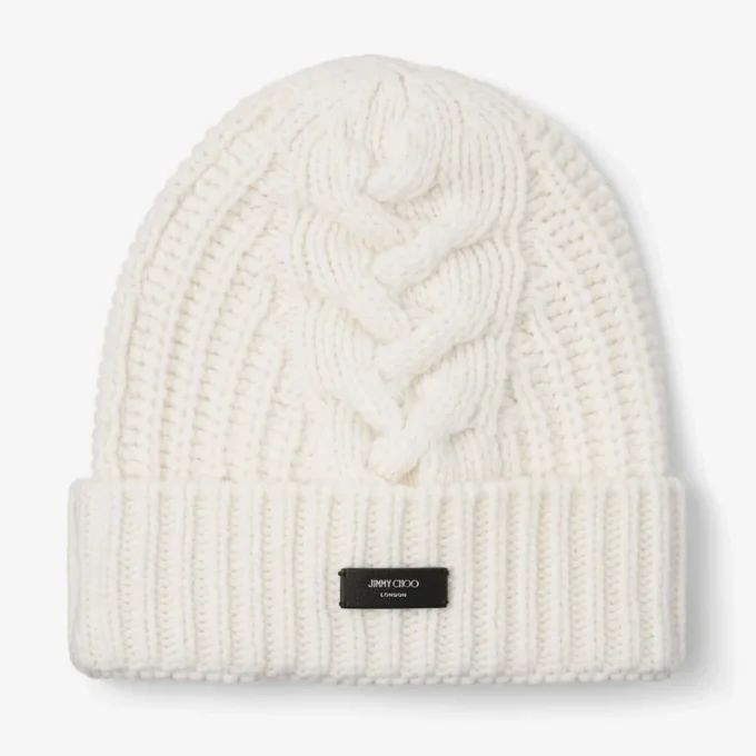 Yuki Cable Latte Cable Knit Beanie with Leather Logo Tag