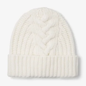 Yuki Cable Latte Cable Knit Beanie with Leather Logo Tag