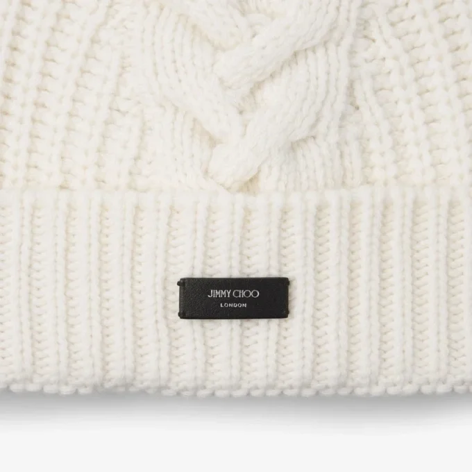 Yuki Cable Latte Cable Knit Beanie with Leather Logo Tag