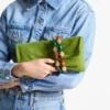 Zandra Clover Suede Clutch Bag with Beaded Bracelet