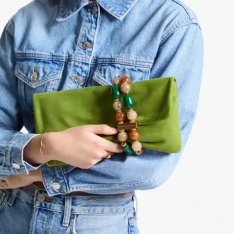Zandra Clover Suede Clutch Bag with Beaded Bracelet