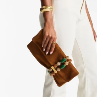 Zandra Tan Suede Clutch Bag with Beaded Bracelet