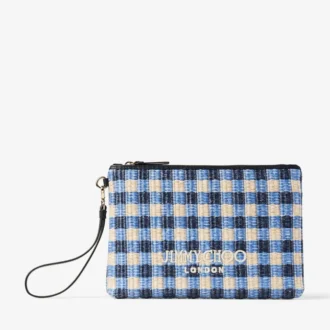 Zipped Flat Pouch Marine Mix and Ecru Gingham Raffia Zipped Pouch