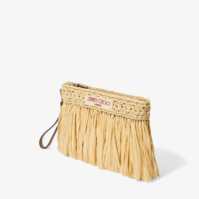 Zipped Flat Pouch Natural and Light Gold Woven Raffia Zipped Pouch with Fringes