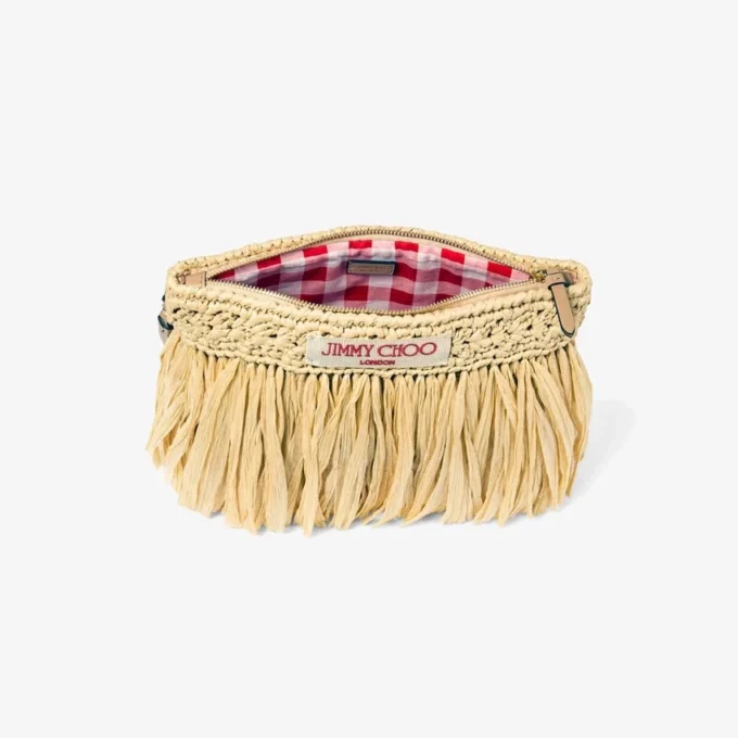 Zipped Flat Pouch Natural and Light Gold Woven Raffia Zipped Pouch with Fringes