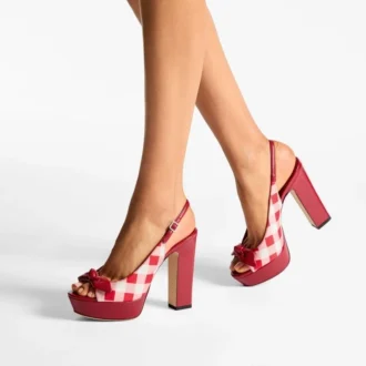 Ziva 120 Ruby Red Mix Gingham Cotton Platform Sandals with Bow